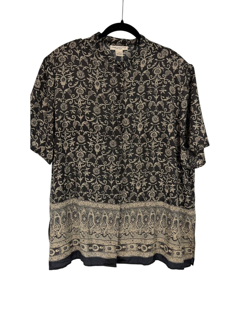ANNA and FRANK 100% Silk Print Blouse Top Shirt Black Beige 2X Button Up READ